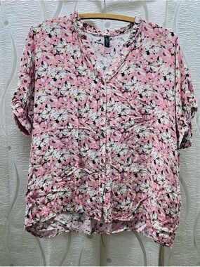Soyaconcept Floral Blouse Womens Medium Pink White Excellent Ruffle V-Neck Short